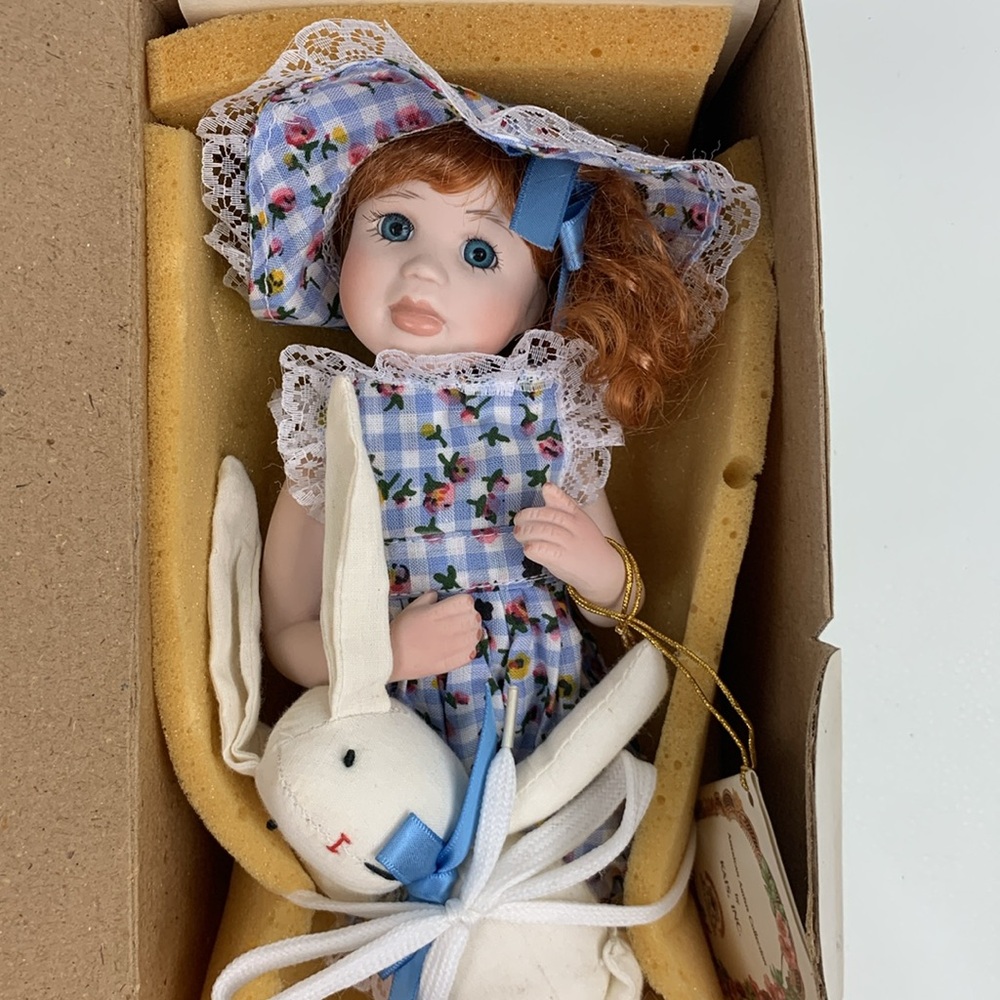 Porcelain Doll Ginger Blue Dress & Bunny American Artist Collection COA New